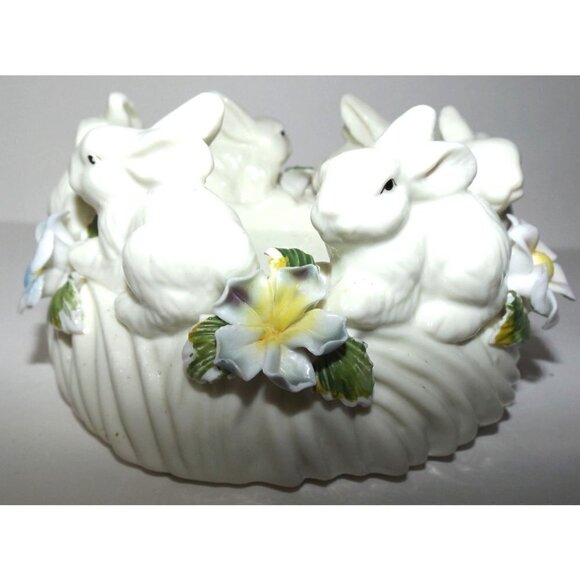 Pillar Candle Holder Porcelain bunnies flowers Easter Rabbit Spring - Picture 3 of 8